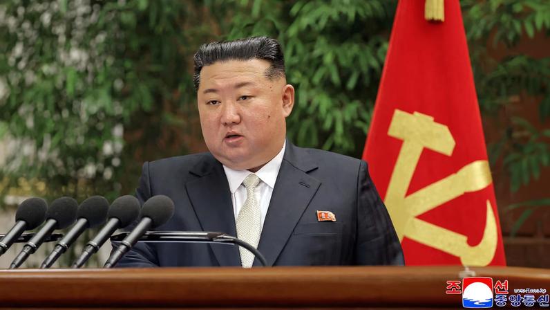 North Korean leader Kim Jong Un speaks during the expanded meeting of the first plenary meeting of the Ninth Central Committee of the Workers' Party of Korea (WPK), in Pyongyang