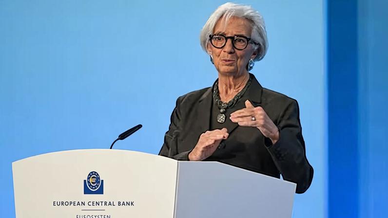 La presidenta del BCE, Christine Lagarde, durante su intervención en Fráncfort el pasado febrero.