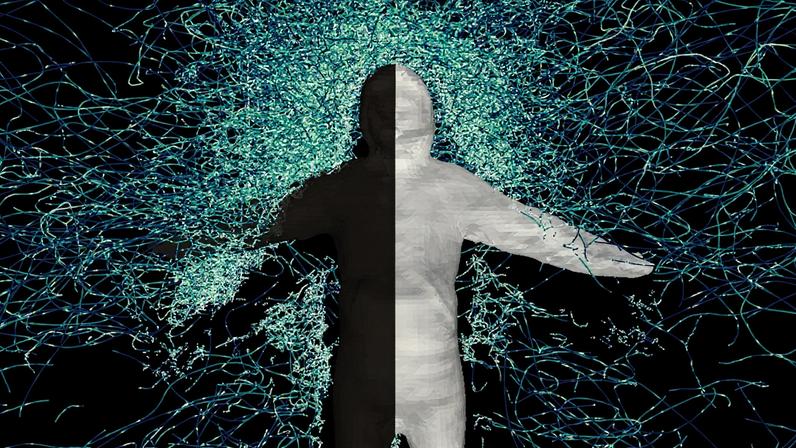 A human figure is colored half black and half white while thousands of flight paths surround it.