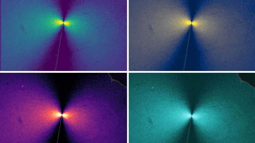 Researchers used a new visualization technique to measure stress in a battery material as a dendrite crack grows. This video shows two different rates of charging, with brighter colors corresponding to higher stress. A bowtie-shaped pattern can be seen at the crack tip. Less stress is required to break the material under fast-charging conditions.