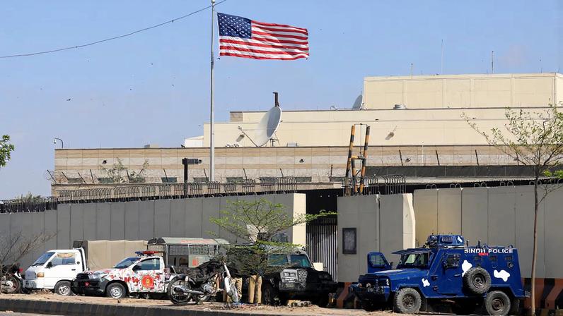 Police and paramilitary soldiers stand guard outside the U.S. Consulate General, days after a protest following the killing of Iran's Supreme Leader Ayatollah Ali Khamenei in U.S. and Israeli strikes, in Karachi