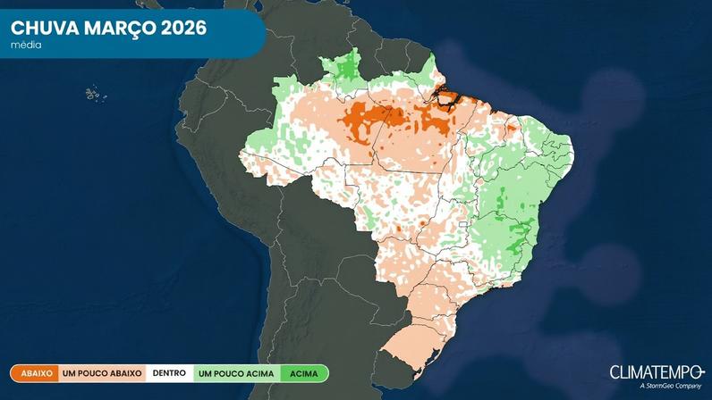 Previsão da anomalia de chuva para março de 2026; tons de verde indicam acumulados de chuva acima da média; tons de marrom indicam chuva abaixo da média (Fonte: Climatempo)