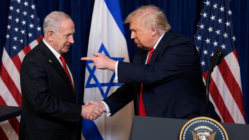 U.S. President Donald Trump points his finger towards Israeli Prime Minister Benjamin Netanyahu as they shake hands during a press conference after meeting at Trump’s Mar-a-Lago club in Palm Beach