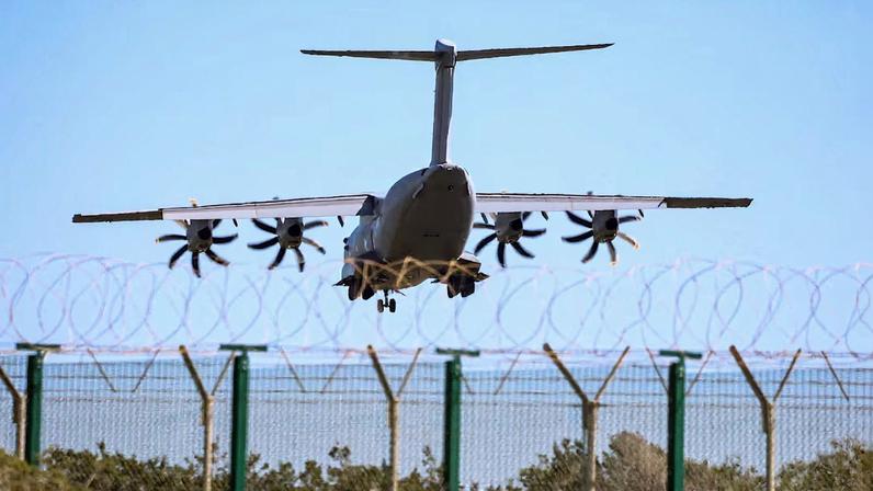 A British Airbus A400M military aircraft approaches RAF Akrotiri, a British sovereign base in Cyprus