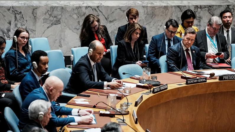 United States Ambassador to the United Nations Mike Waltz listens to Russian ambassador to the United Nations Vassily Nebenzia as he addresses the United Nations Security Council during a...