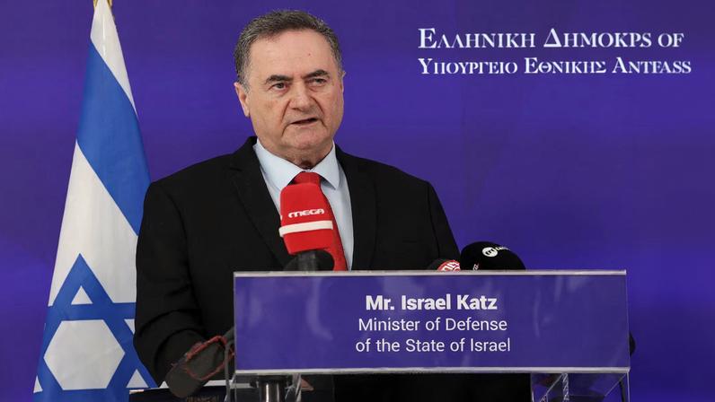 Israel's Defence Minister Israel Katz and his Greek counterpart Nikos Dendias make statements to the press, at the Ministry of Defence in Athens Greece, January 20, 2026. REUTERS/Louisa Gouliamaki