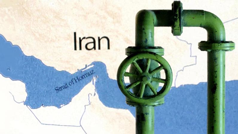 A map showing the Strait of Hormuz and Iran is seen behind a 3D printed oil pipeline in this illustration taken June 22, 2025. REUTERS/Dado Ruvic/Illustration/File Photo