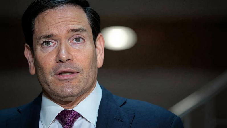 A close up of Secretary of State Marco Rubio's face.