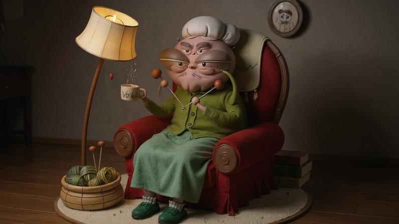 Ilustração cômica, em fundo verde, de uma aranha idosa, sentada numa poltrona, tricotando uma teia. Ao lado, vê-se um abajur, novelos de lã e alguns livros empilhados.