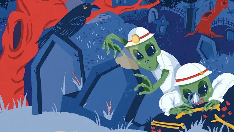Ilustração de dois arqueólogos extraterrestres estudando um cemitério a noite. Vê-se um corvo sobre uma lápide.