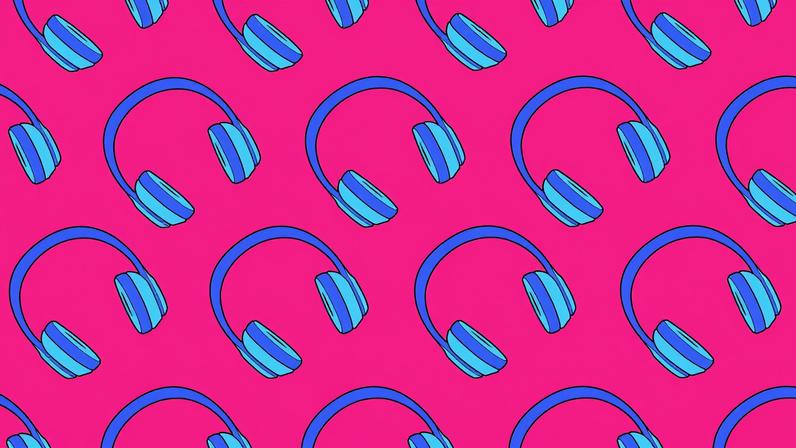 Rows of blue headphones floating diagonally against a pink background.