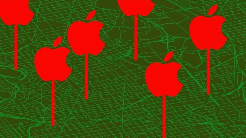 Illustration of various Apple pins dropped on a map.