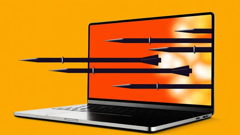 Missiles flying through a computer screen.