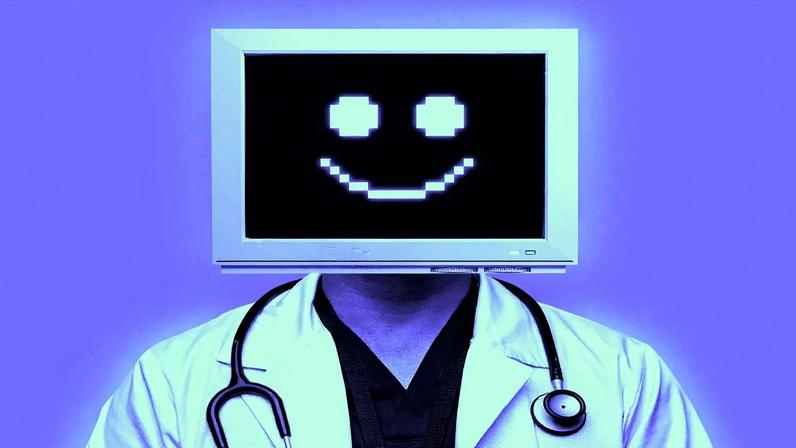 AI doctor with computer for head.