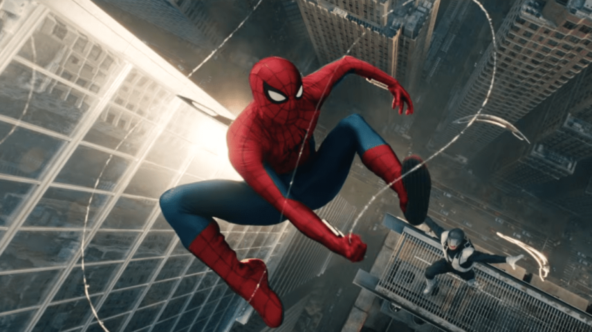 Spider-Man swinging through downtown Manhattan.