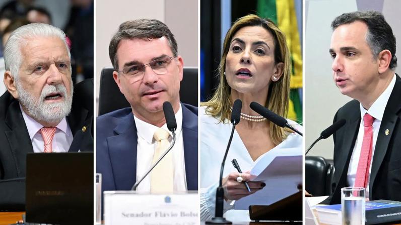 Jaques Wagner, Flávio Bolsonaro, Soraya Thronicke e Rodrigo Pacheco estão entre os 54 senadores que encerrarão seus mandatos neste ano. (Foto: Agência Senado)