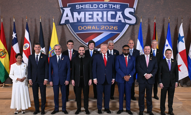 U.S. President Donald Trump stands for a family photo with Latin American and Caribbean leaders at the start of the “Shield of the Americas” Summit at Trump National Doral, just outside of the U.S. city of Miami, on March 7.