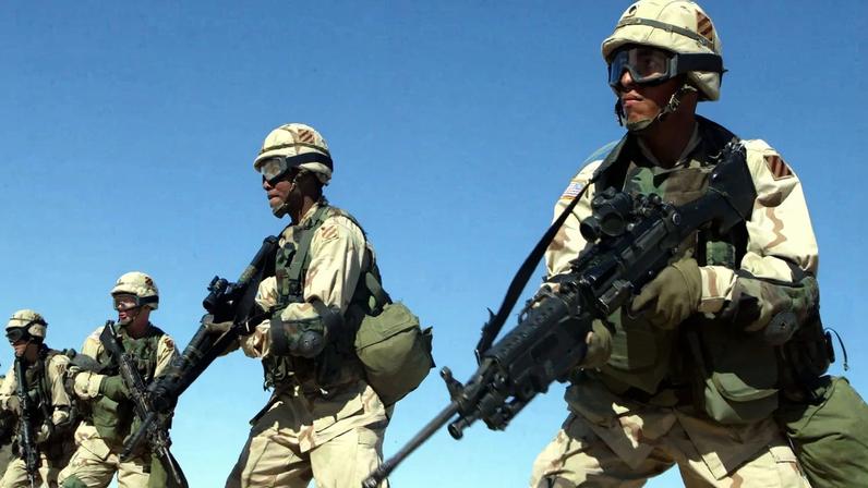 U.S. soldiers train near the Iraqi border in Kuwait.