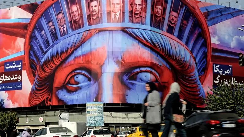 A poster in Tehran's Revolution Square marks the 46th anniversary of the U.S. Embassy takeover and hostage crisis in Tehran on Nov. 5, 2025.