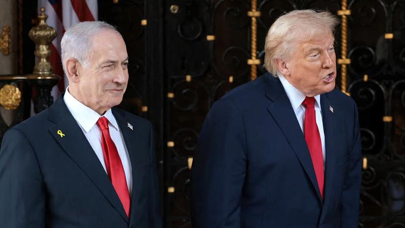 U.S. President Donald Trump speaks next to Israeli Prime Minister Benjamin Netanyahu upon arrival for meetings at Trump's Mar-a-Lago club in Palm Beach, Florida, U.S., December 29, 2025.