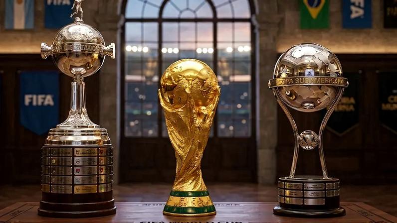 Taças da Libertadores, Copa do Mundo e Sul-Americana (Imagem gerada por Inteligência Artificial)