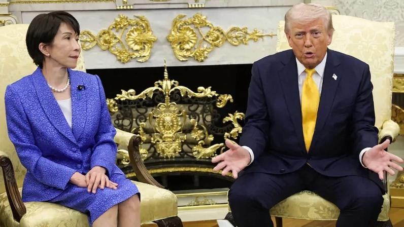 Japanese Prime Minister Sanae Takaichi meets with U.S. President Donald Trump at the White House.