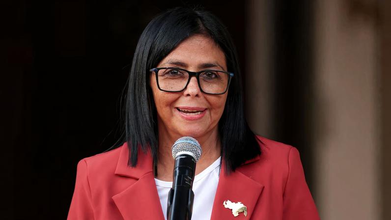 Venezuela's interim President Delcy Rodriguez speaks as she meets U.S. Interior Secretary Burgum, in Caracas,