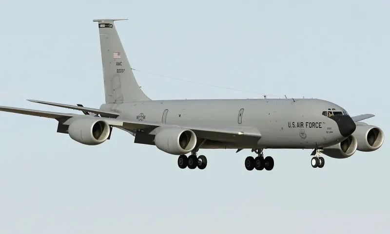 A U.S. Air Force KC-135 refueling aircraft lands at Nellis Air Force Base in Las Vegas.