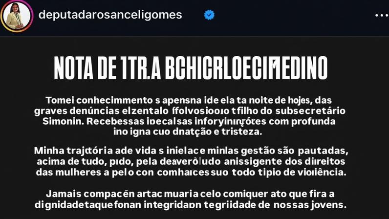 A secretária Rosangela Gomes postou um pronunciamento sobre o caso. • Reprodução - Redes Sociais