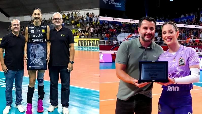 Carol Gattaz é homenageada pelo Praia Clube em seu último jogo (Foto: Bruno Cunha/Praia Clube)