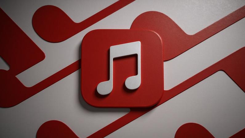 Apple Music logo, on red and white background