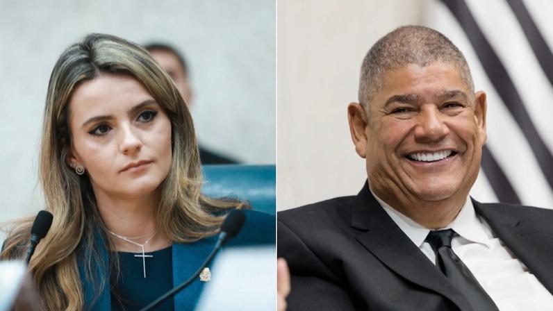 A vereadora Amanda Vettorazzo (União Brasil) e o líder do partido em SP, Milton Leite — Foto: Lucas Bassi/Câmara Municipal de SP e Larissa Navarro/Alesp
