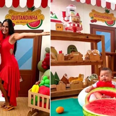 Carol Peixinho e Thiaguinho comemoram 6 meses do filho e explicam tema Quitandinha