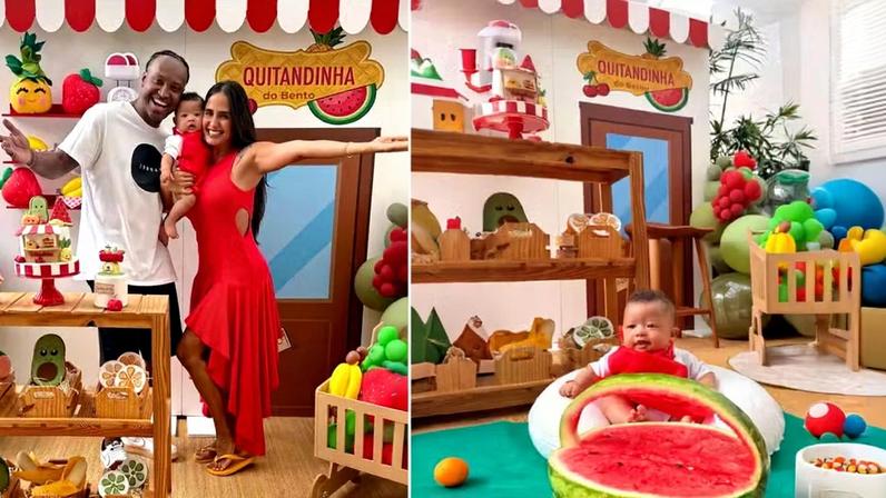 Carol Peixinho e Thiaguinho celebraram os 6 meses do filho, Bento — Foto: Reprodução/Instagram