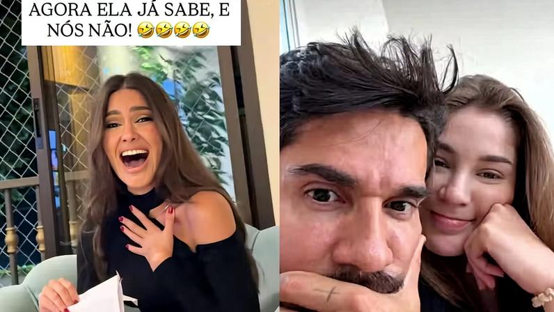 Thais Braz tenta controlar emoção para não revelar sem querer sexo do bebê de Bil Araújo e Adriana Yanca — Foto: Reprodução/Instagram