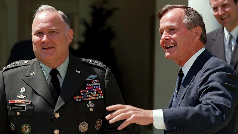 Gulf War commander Norman Schwarzkopf faces media with U.S. President George H.W. Bush at the White House in Washington on April 23, 1991.