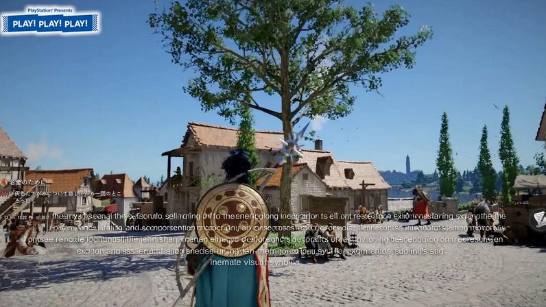 A shot of the player character stood in a sparse village.