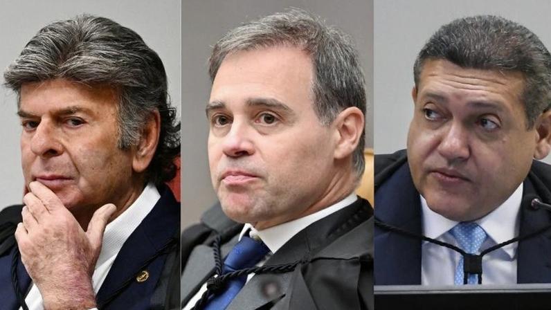 Os ministros do STF Luiz Fux, André Mendonça e Nunes Marques, que votaram nesta sexta (13) para manter a prisão de Vorcaro