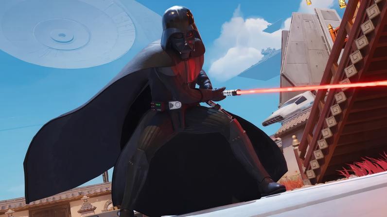 Darth Vader in his classic black suit with cape and helmet. Vader is holding his right lightsaber and slashing it towards the viewer.