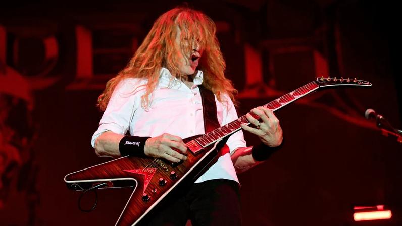 Dave Mustaine, founder, guitarist, vocalist and songwriter of US band Megadeth, performs at the Iconica Sevilla Fest, in Seville on July 3, 2025.