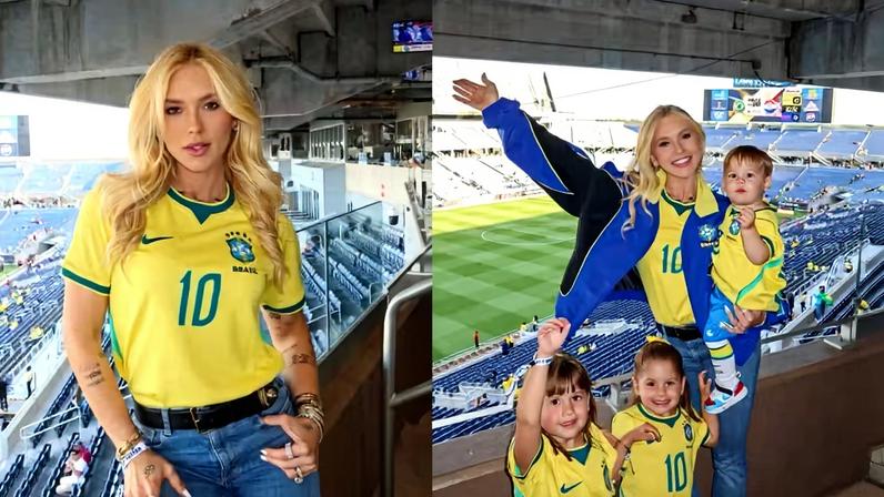 Virginia Fonseca leva filhos pela 1ª vez a jogo do Brasil