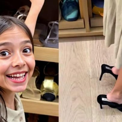 Zoe, filha de Sabrina Sato, aparece usando salto alto e maquiagem da mãe