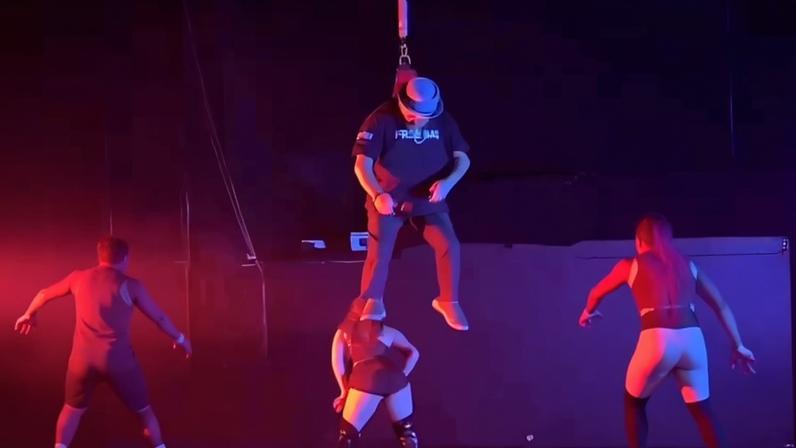 British rapper Pete Bowditch passed out and was left dangling from the ceiling during a recent show (as pictured above).