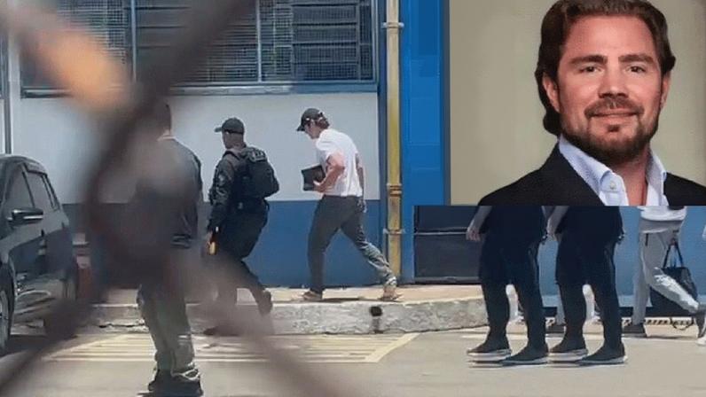 Daniel Vorcaro (no destaque) deixa a prisão usando boné e camiseta branca — Foto: Reprodução/Arquivo pessoal e Bruna Vieira/TV Globo