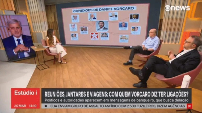 GloboNews pediu desculpas após fazer um PowerPoint em que mostra Daniel Vorcaro com ligações com Lula, João Doria, Ciro Nogueira, Hugo Motta e Moraes