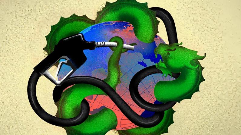 An illustration shows a green dragon grappling with a gas pump, both wrapped around a globe.