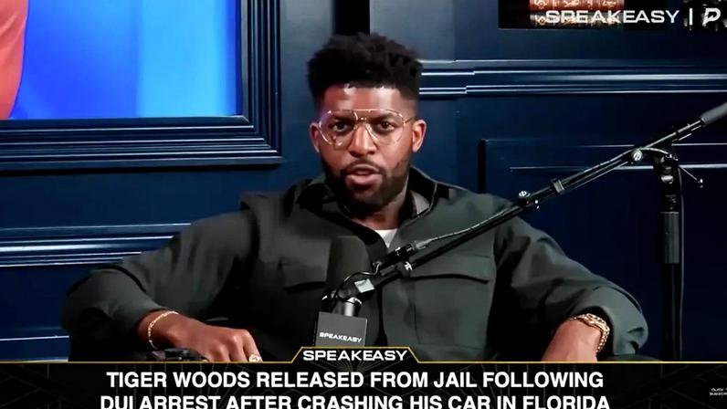 Emmanuel Acho (pictured here during his “Speakeasy” sports talk show on Sunday night) called out Tiger Woods after the golf great’s latest DUI arrest.