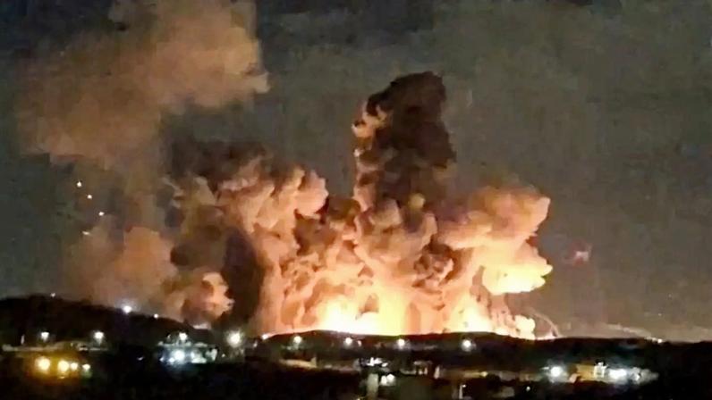 Smoke and fire rise following an explosion in Esfahan, Iran, in a screen grab obtained from a social media video released on March 31.
