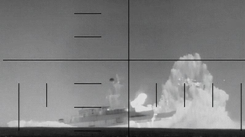 Video footage released by the U.S. Defense Department shows an Iranian warship being sunk by a U.S. torpedo off Sri Lanka on March 3.