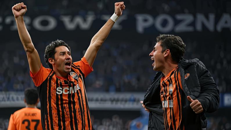 Isaque comemora o terceiro gol do Shakhtar sobre o Lech — Foto: Mateusz Slodkowski - UEFA/UEFA via Getty Images